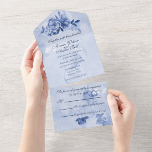 Invitation Tout En Un Roses d'aquarelle bleu