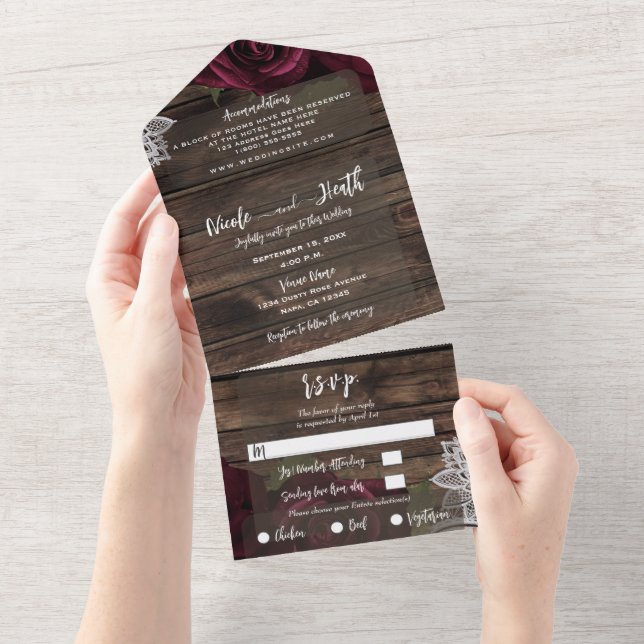 Invitation Tout En Un Roses de Bourgogne & dentelle blanche Mariage de b (Déchirure)