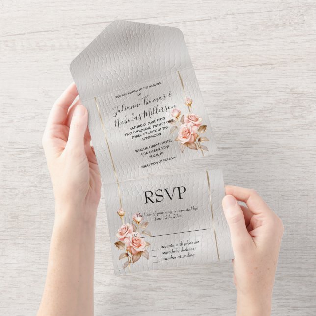 Invitation Tout En Un Roses d'or rose pâle Blanc Faux cuir (Déchirure)