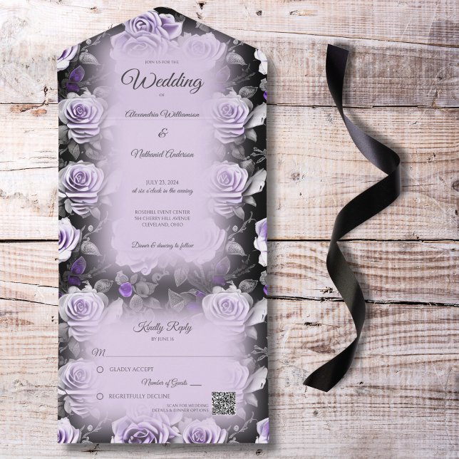Invitation Tout En Un Roses gris et lavande avec code QR (Créateur téléchargé)