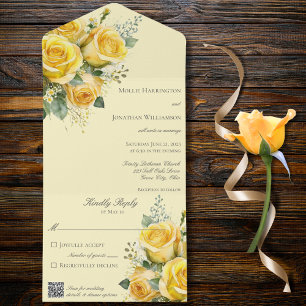 Invitation Tout En Un Roses Jaunes Code QR Tout en un mariage Inviter