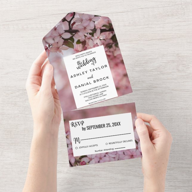 Invitation Tout En Un Roses roses botaniques fleurs chic Mariage (Déchirure)