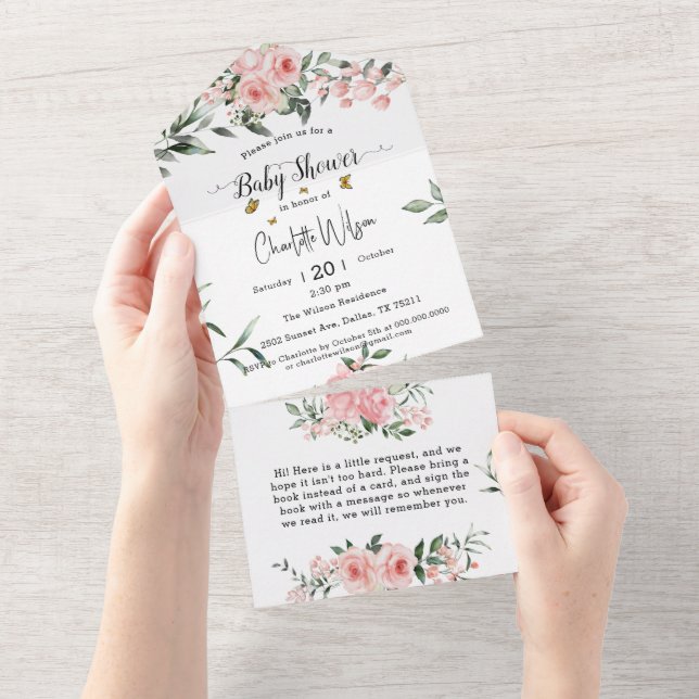 Invitation Tout En Un Roses roses élégantes avec Baby shower de papillon (Déchirure)