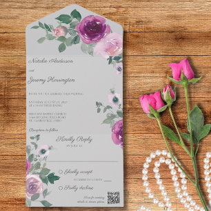 Invitation Tout En Un Roses roses et fuchsia sur gris QR Code