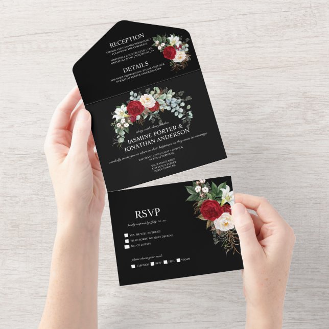 Invitation Tout En Un Roses rouges et blancs de Bourgogne sur fond noir  (Déchirure)