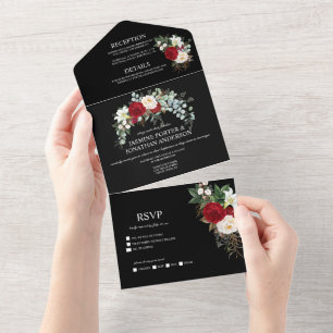 Invitation Tout En Un Roses rouges et blancs de Bourgogne sur mariage no