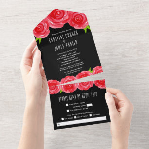 Invitation Tout En Un Roses rouges sur Mariage noir