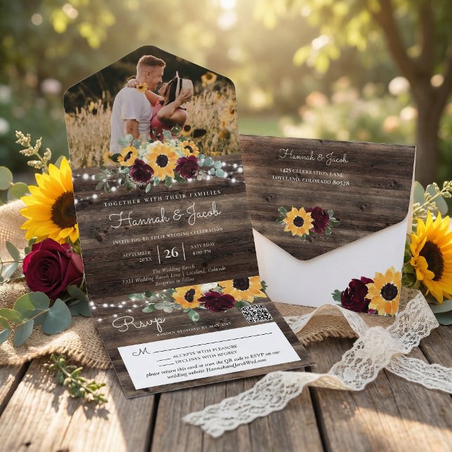 Invitation Tout En Un Roses Tournesol Rustiques Code QR Photo Mariage (Créateur téléchargé)