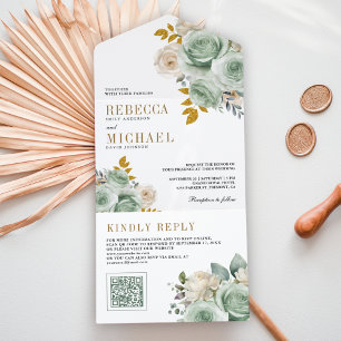 Invitation Tout En Un Roses Vert Sauge Code QR Floral Mariage
