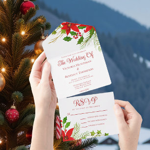 Invitation Tout En Un Rouge clair Vert Noël Poinsettia Mariage