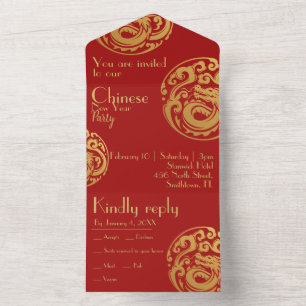 Invitation Tout En Un Rouge et or, crête de dragon, Nouvel An chinois,