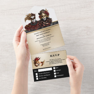 Invitation Tout En Un Rouge or noir mascarade mariage carnival chic