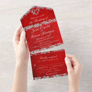 Invitation Tout En Un Rouge romantique, Parties scintillant frontière & 