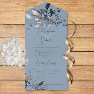 Invitation Tout En Un Rouge Rustique Bleu hiver Folio Bleu Trois Dîners