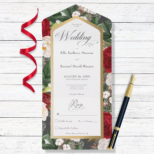 Invitation Tout En Un Rouge Rustique & Cadre Doré Floral Blanc Sans Dîne