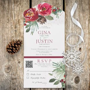 Invitation Tout En Un Rouge rustique et vert Pin d'hiver Floral QR Code