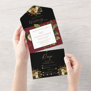 Invitation Tout En Un Rouge rustique   Orange Floral Bouquet Mariage