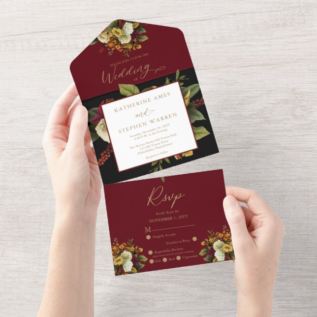 Invitation Tout En Un Rouge rustique | Orange Floral Bouquet Mariage (Déchirure)