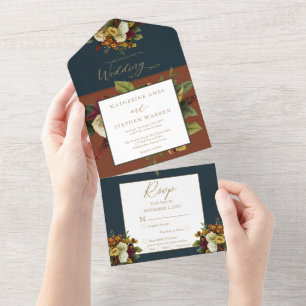 Invitation Tout En Un Rouge rustique Orange Floral Bouquet Mariage Tur