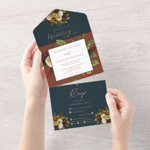 Invitation Tout En Un Rouge rustique   Orange Floral Bouquet Mariage Tur
