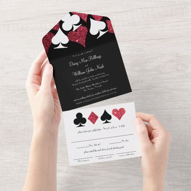 Invitation Tout En Un Rouge sur Black Faux Parties scintillant Las Vegas (Déchirure)