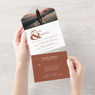 Invitation Tout En Un Rouille en terre cuite moderne en blanc Mariage ph