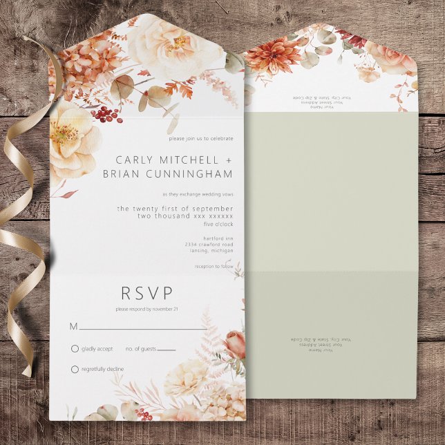 Invitation Tout En Un Rouille épicée et Boho rousse Floral Pas de dîner (Spicy Fall Rust & Blush Boho Floral All In One Wedding Invitation without Dinner Options)
