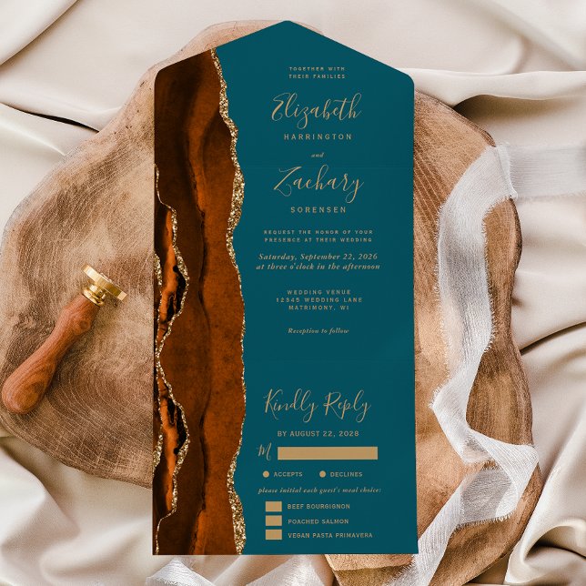 Invitation Tout En Un Rouille Gold Agate Turquoise Blue Repas Options Ma (Créateur téléchargé)