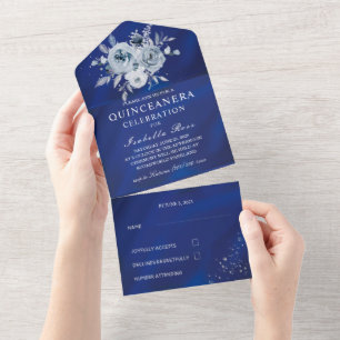 Invitation Tout En Un Royal Blue et Silver Floral Quinceañera