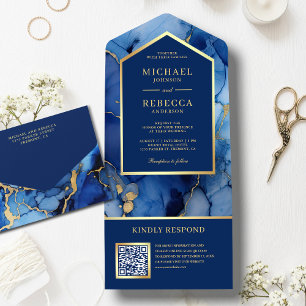 Invitation Tout En Un Royal Blue Gold Abstrait Fluid Ink QR Code Mariage