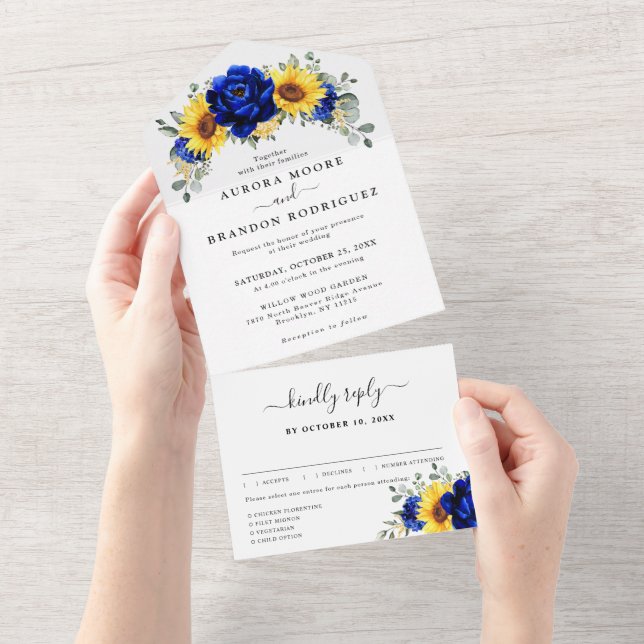 Invitation Tout En Un Royal Blue Rustic Tournesol Moderne Floral Mariage (Déchirure)