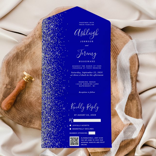 Invitation Tout En Un Royal Blue Silver Glitter QR Code Wedding (Créateur téléchargé)