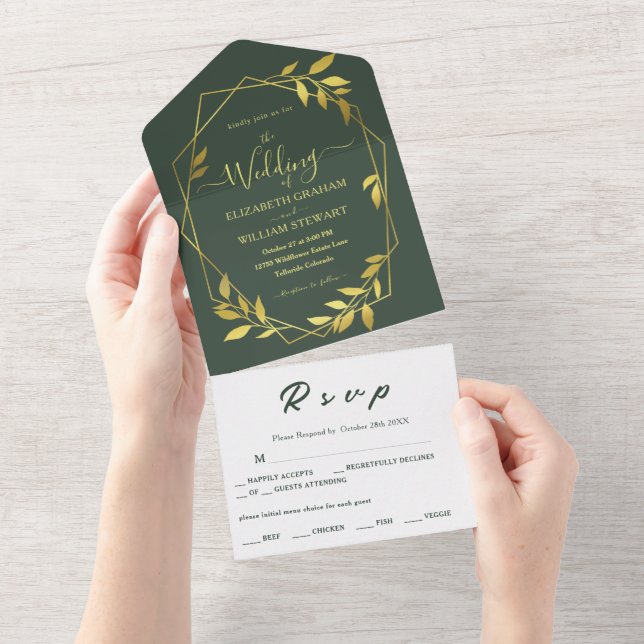 Invitation Tout En Un Royal Green Botanical Elegant Mariage géométrique (Déchirure)