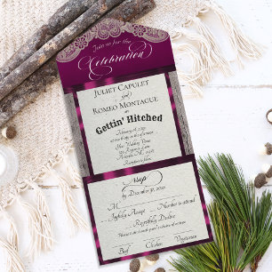 Invitation Tout En Un Ruban & Dentelle Mariage à l'ancienne - Prune