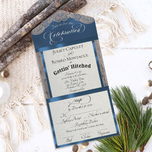 Invitation Tout En Un Ruban et dentelle Gettin 'Hitched - Bleu