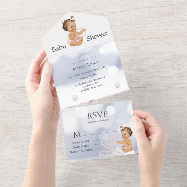 Invitation Tout En Un Ruffles mignonne fille avec Baby shower perles (Déchirure)