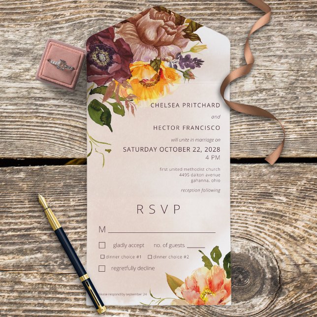 Invitation Tout En Un Russe Automne Burgundy & Jaune Floral Diner (Créateur téléchargé)