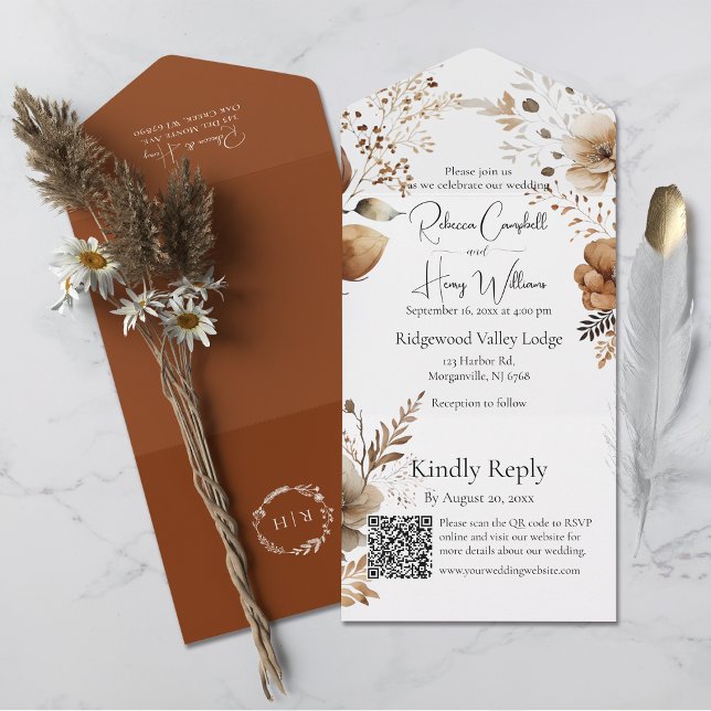 Invitation Tout En Un Russe Bohème Automne Automne QR Code Mariage (Save time with this all-in-one wedding invitation, which includes a QR code for easy  online RSVP.)