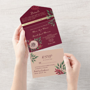 Invitation Tout En Un Russe Boho Floral Bourgogne Mariage
