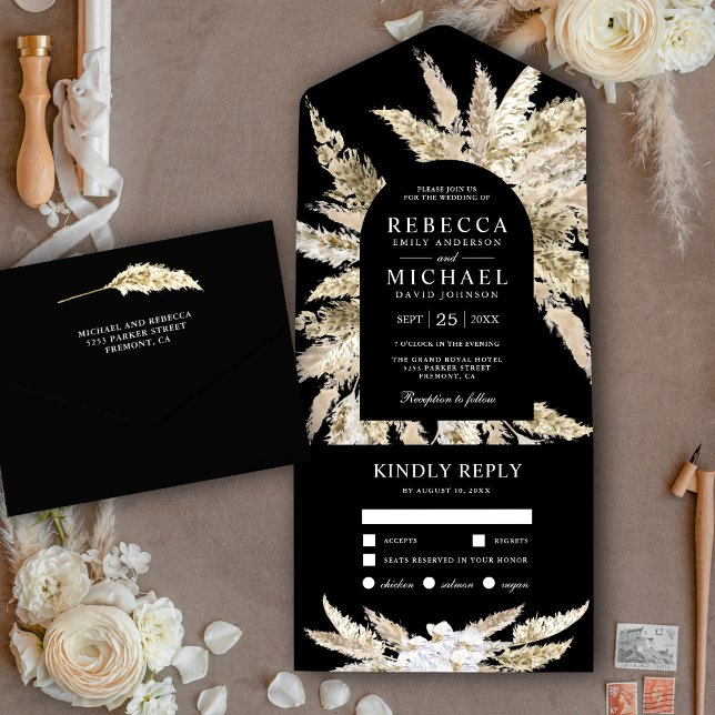 Invitation Tout En Un Russe Boho Pampas Grass Black Arch Mariage (Créateur téléchargé)