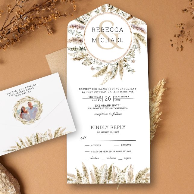 Invitation Tout En Un Russe Boho Pampas Grass Wreath Ampersand Mariage (Créateur téléchargé)