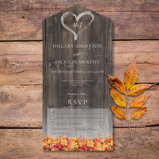 Invitation Tout En Un Russe Bois de Barnwood & Feuilles D'Automne Dîner (Rustic Barnwood & Fall Leaves Dinner All In One Invitation)