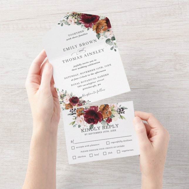Invitation Tout En Un Russe Bourgogne rouille ivoire Mariage floral   (Déchirure)