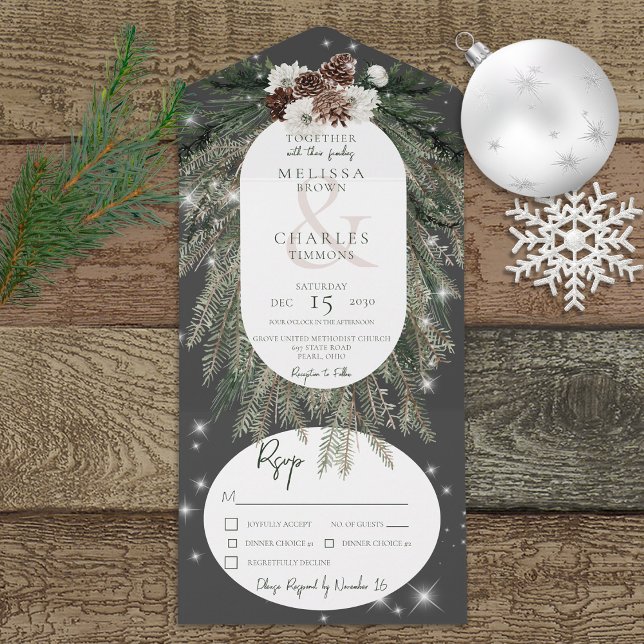 Invitation Tout En Un Russe Charbon noir Pine d'hiver Éperche Dîner (Also available with a QR code or without dinner selection options.)