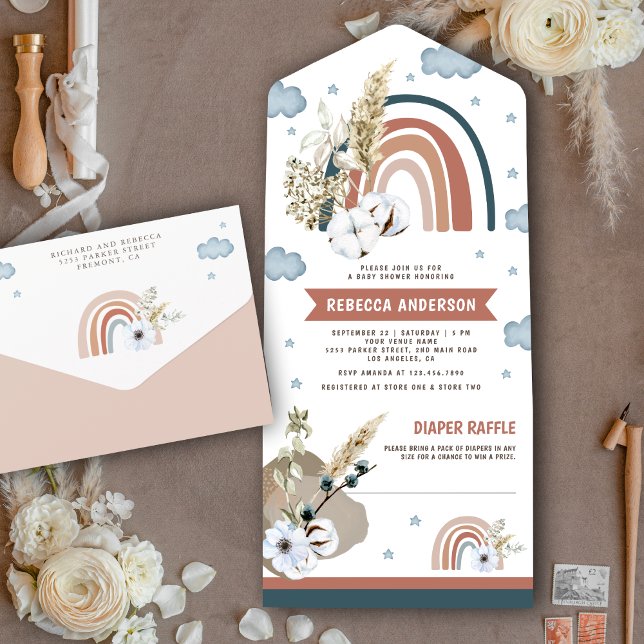 Invitation Tout En Un Russe Earthy Pampas Boho Rainbow Baby shower (Créateur téléchargé)
