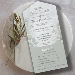 Invitation Tout En Un Russe Eucalyptus Sage Vert Mariage d'aquarelle