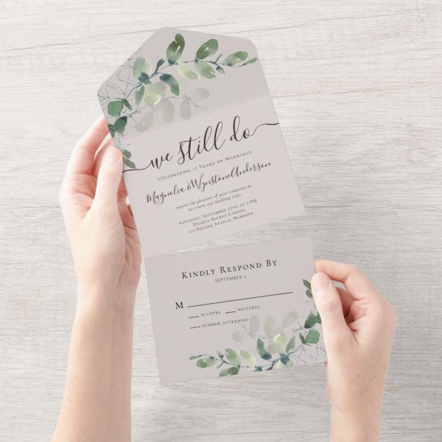 Invitation Tout En Un Russe Eucalyptus Vow Renouvellement Ecru (Déchirure)