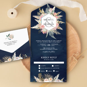 Invitation Tout En Un Russe Floral Boho Pampas Grass Marine Mariage bleu