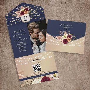 Invitation Tout En Un Russe Floral Bourgogne et Mariage bleu marine