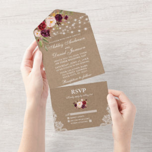 Invitation Tout En Un Russe Mariage Bourgogne Lumières Florales Dentelle